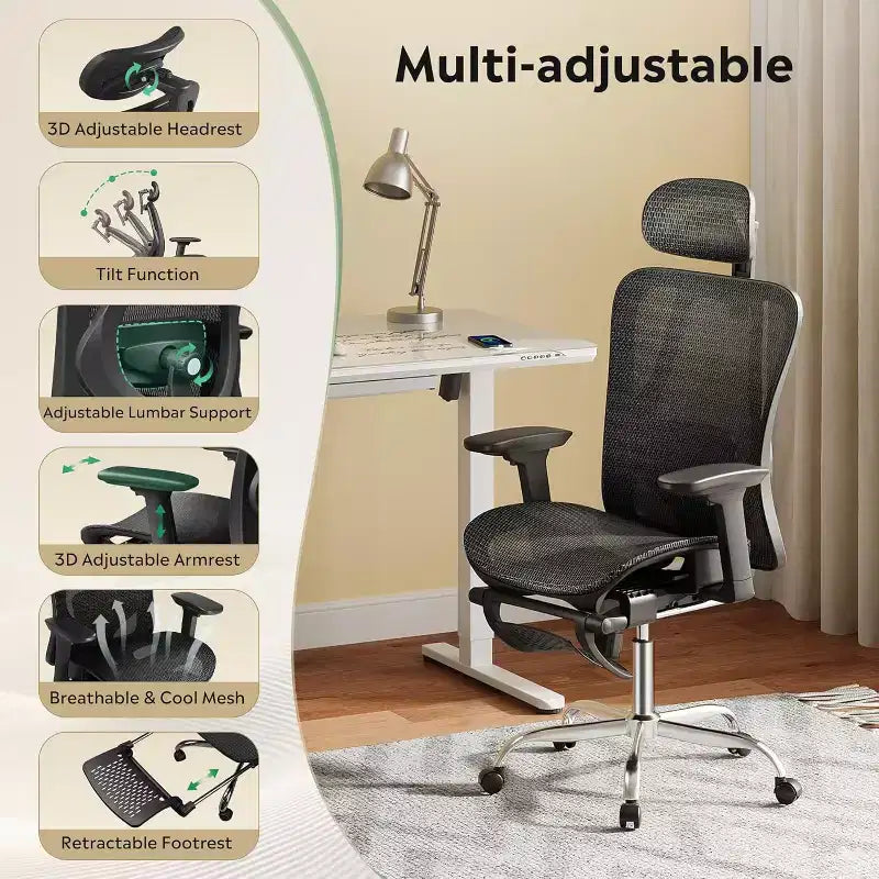 Chaise de Bureau Ergonomique en Maille Dossier Haut Inclinable
