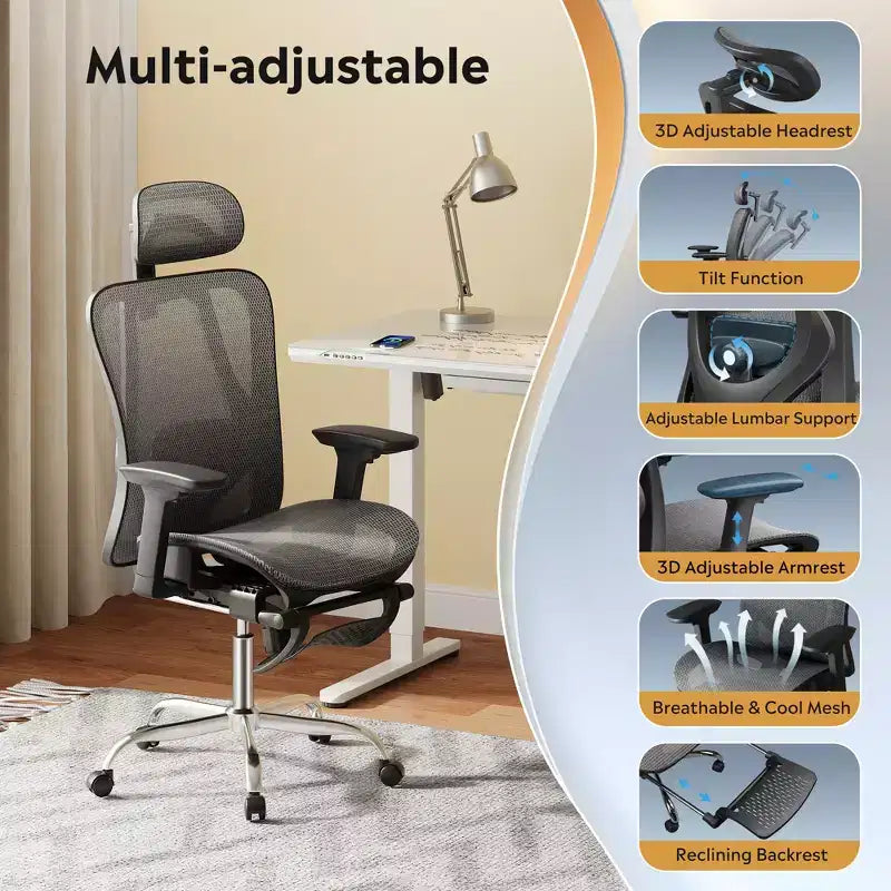 Chaise de Bureau Ergonomique en Maille Dossier Haut Inclinable