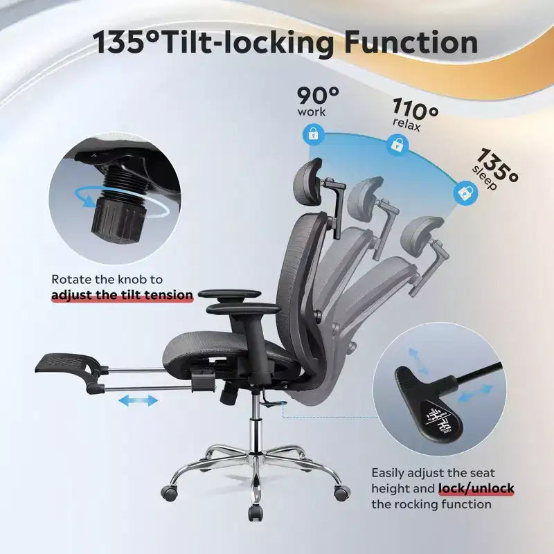 Chaise de Bureau Ergonomique en Maille Dossier Haut Inclinable