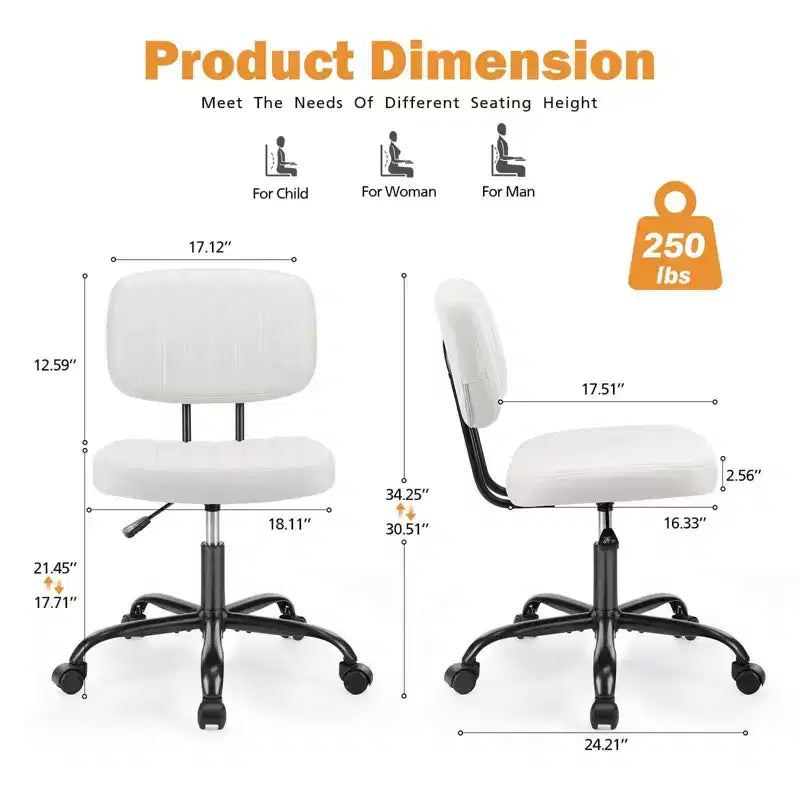 Chaise de bureau pivotante sans accoudoirs en similicuir, avec roulettes