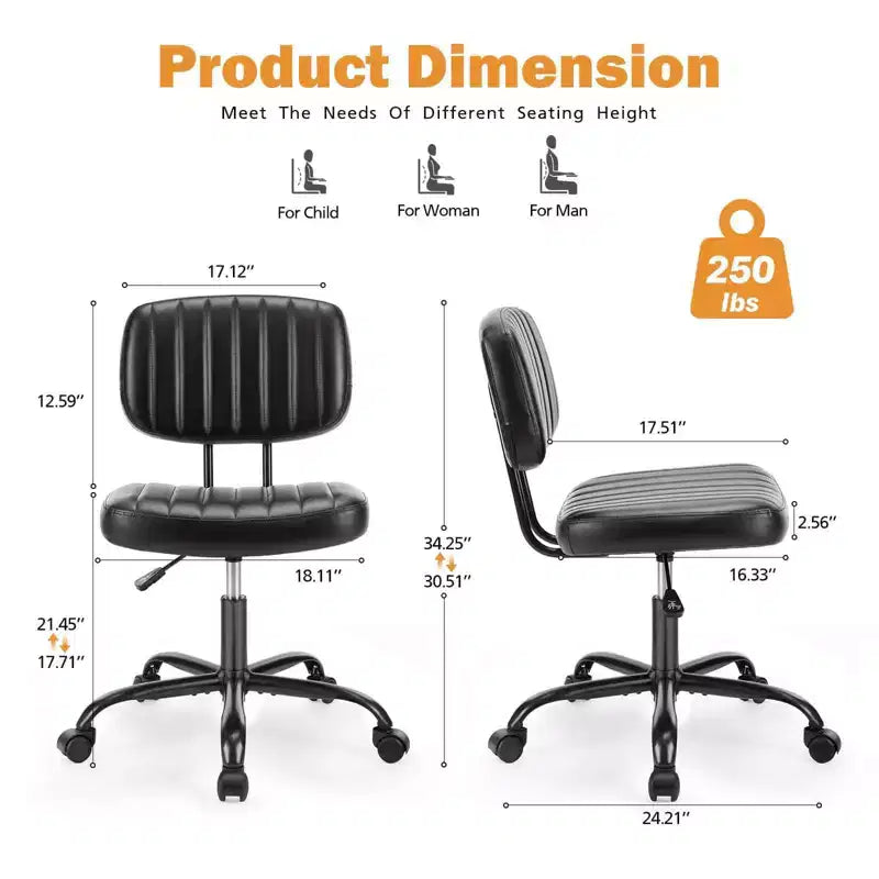 Chaise de bureau pivotante sans accoudoirs en similicuir, avec roulettes