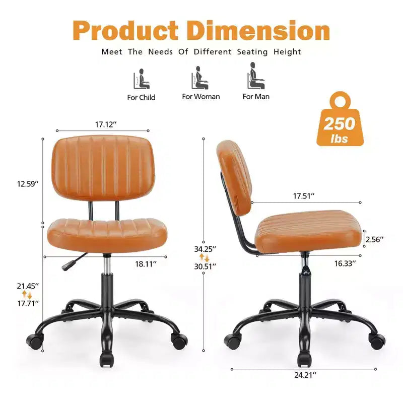 Chaise de bureau pivotante sans accoudoirs en similicuir, avec roulettes