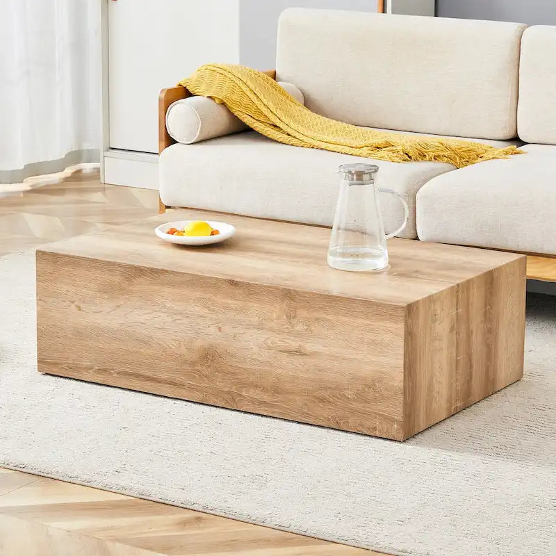 Table basse rectangulaire moderne avec base solide, table centrale en bois