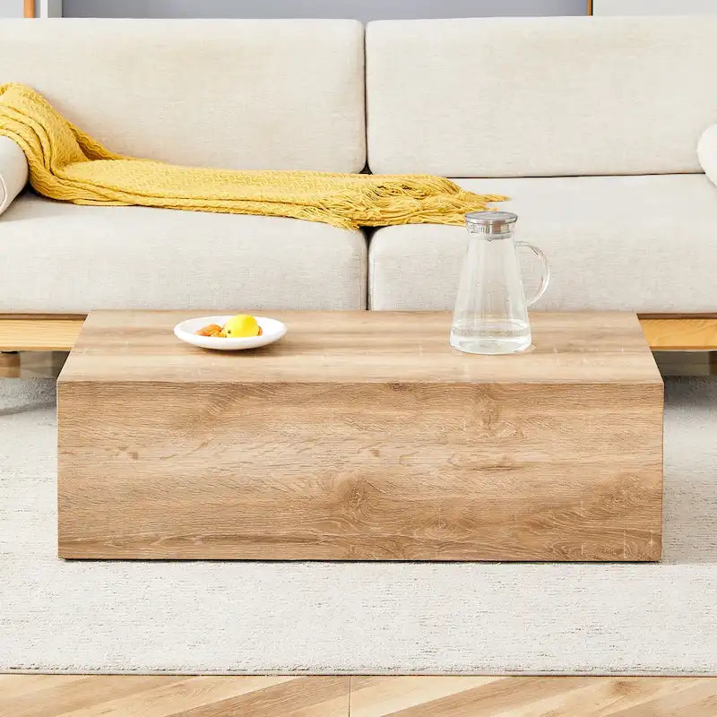 Table basse rectangulaire moderne avec base solide, table centrale en bois
