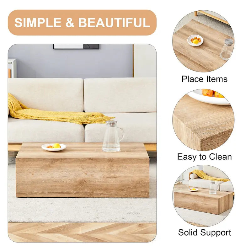 Table basse rectangulaire moderne avec base solide, table centrale en bois