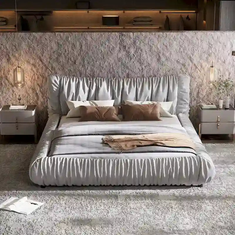 Lit plateforme rembourré de luxe gris clair