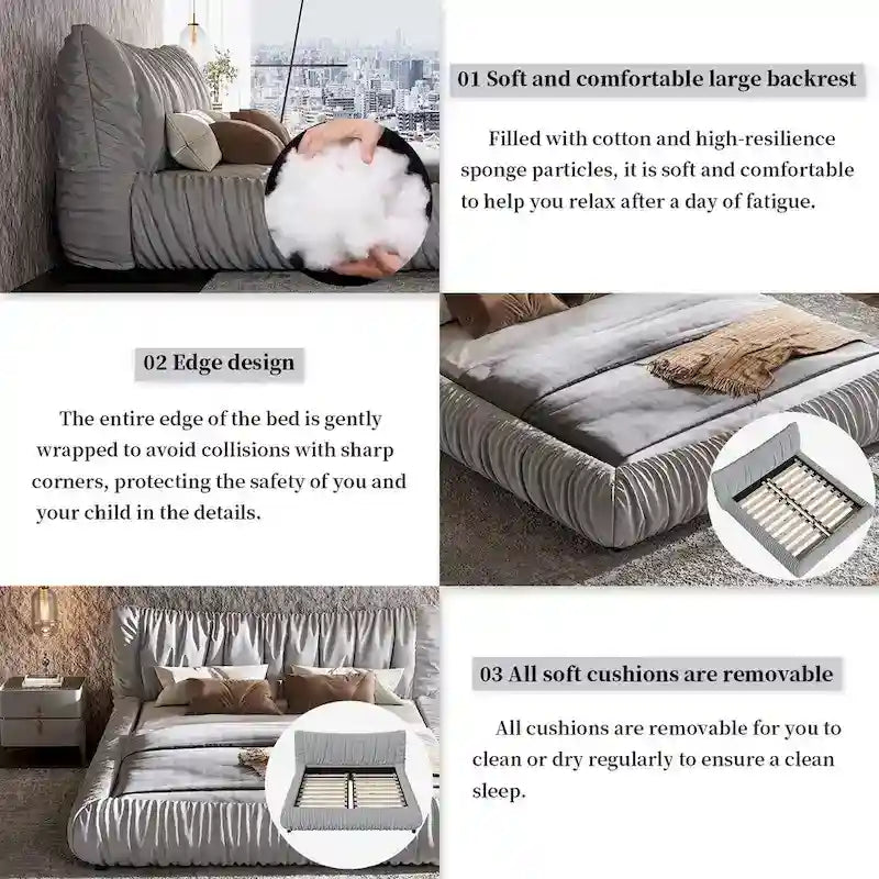 Lit plateforme rembourré de luxe gris clair