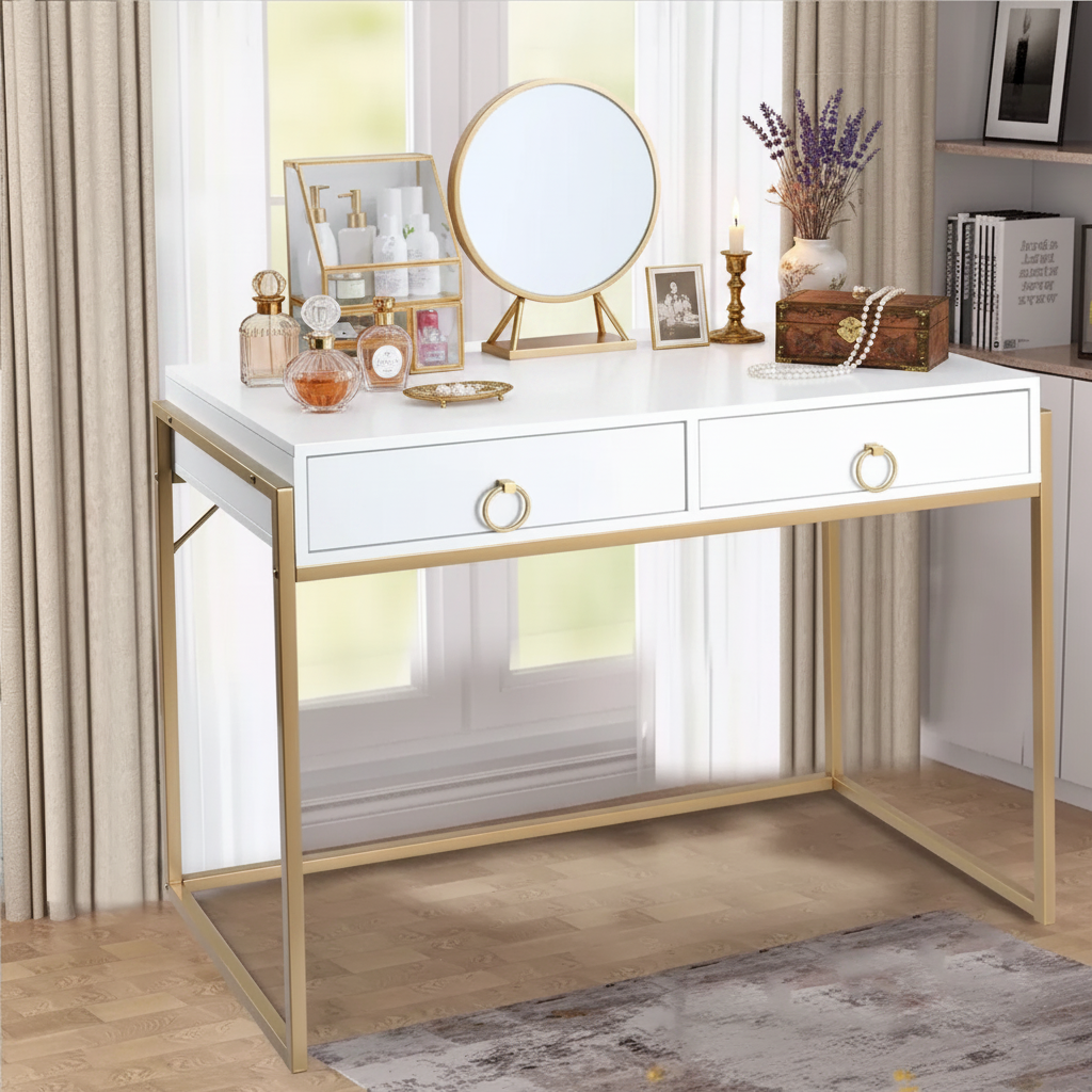 Bureau d'ordinateur moderne blanc et or Table de travail de maquillage