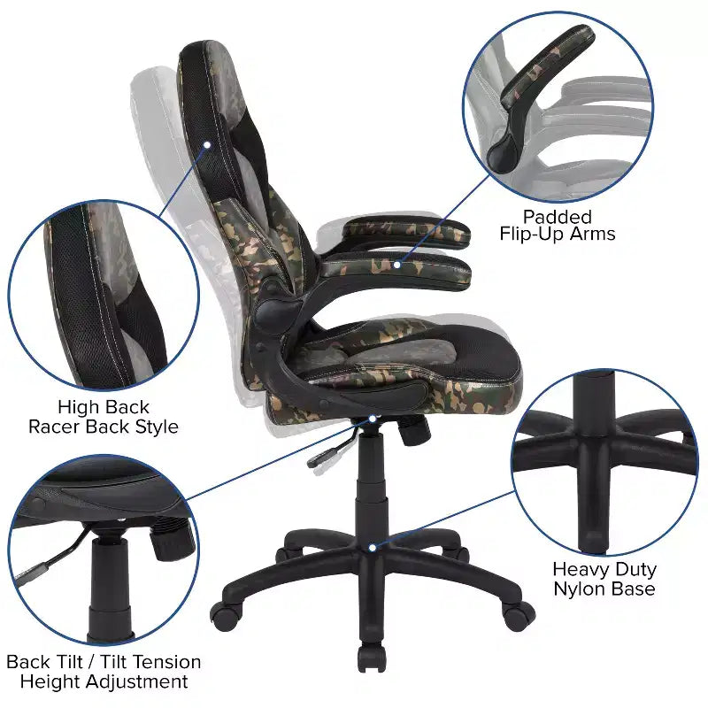 Chaise de bureau ergonomique réglable pivotante pour PC, style course