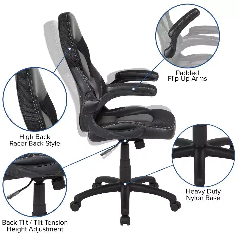 Chaise de bureau ergonomique réglable pivotante pour PC, style course