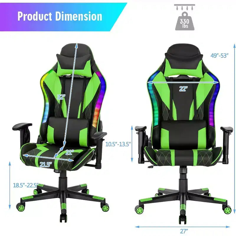 Chaise de jeu réglable pivotante pour ordinateur avec lumières LED dynamiques