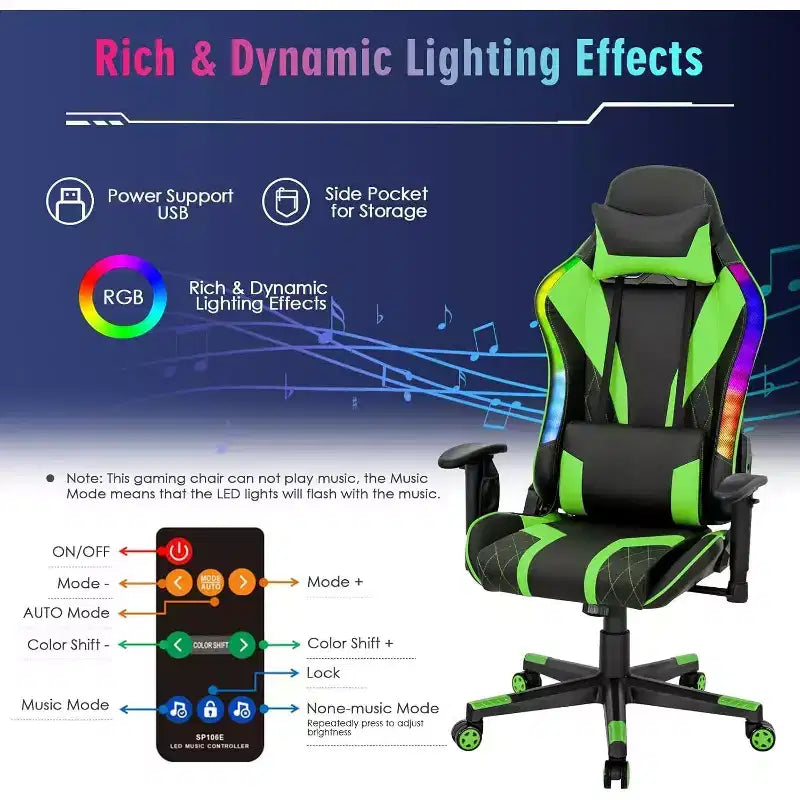 Chaise de jeu réglable pivotante pour ordinateur avec lumières LED dynamiques