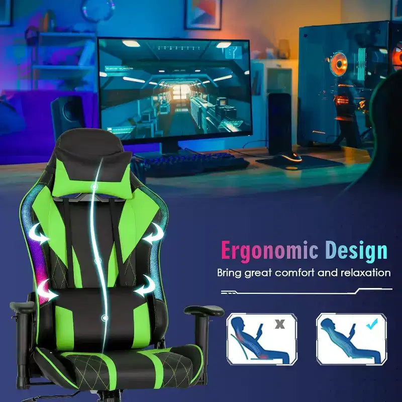 Chaise de jeu réglable pivotante pour ordinateur avec lumières LED dynamiques