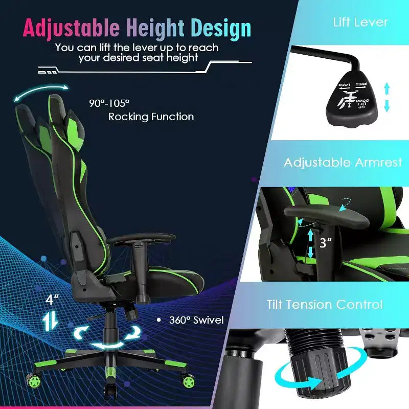 Chaise de jeu réglable pivotante pour ordinateur avec lumières LED dynamiques