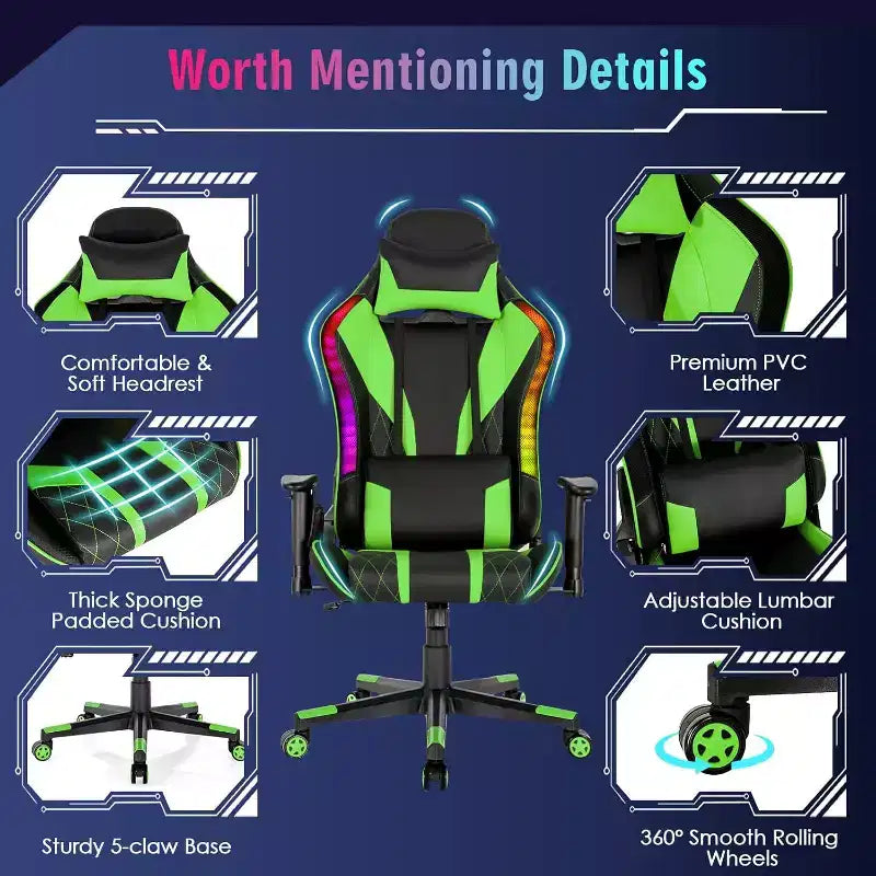 Chaise de jeu réglable pivotante pour ordinateur avec lumières LED dynamiques
