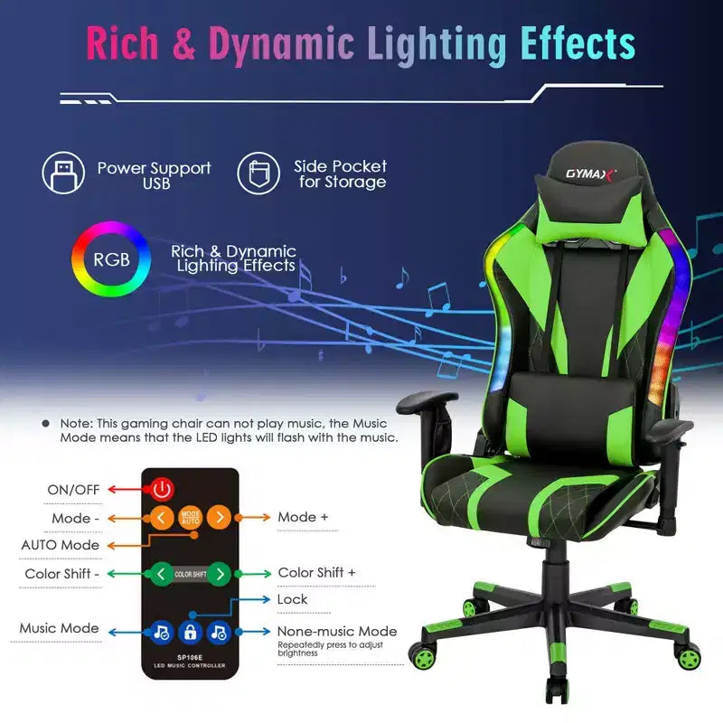 Chaise de jeu réglable pivotante pour ordinateur avec lumières LED dynamiques