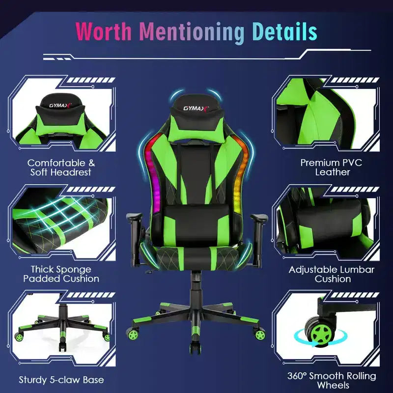 Chaise de jeu réglable pivotante pour ordinateur avec lumières LED dynamiques