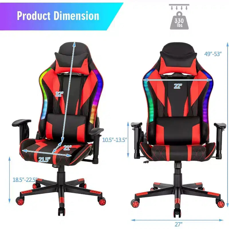 Chaise de jeu réglable pivotante pour ordinateur avec lumières LED dynamiques