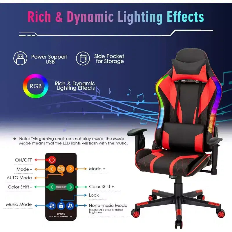 Chaise de jeu réglable pivotante pour ordinateur avec lumières LED dynamiques