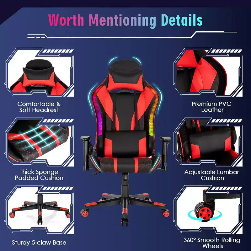 Chaise de jeu réglable pivotante pour ordinateur avec lumières LED dynamiques