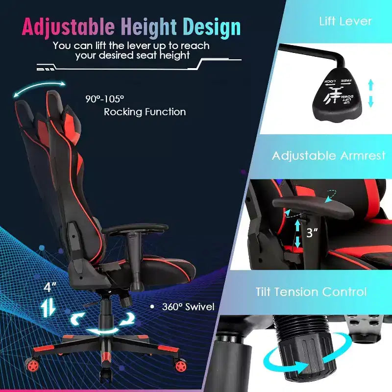 Chaise de jeu réglable pivotante pour ordinateur avec lumières LED dynamiques
