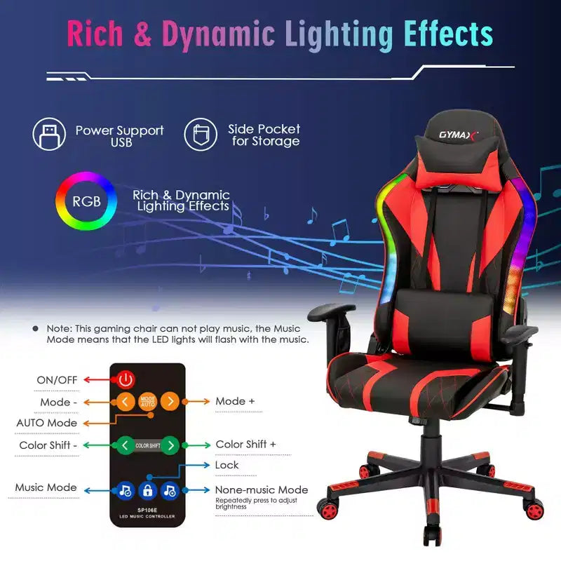 Chaise de jeu réglable pivotante pour ordinateur avec lumières LED dynamiques