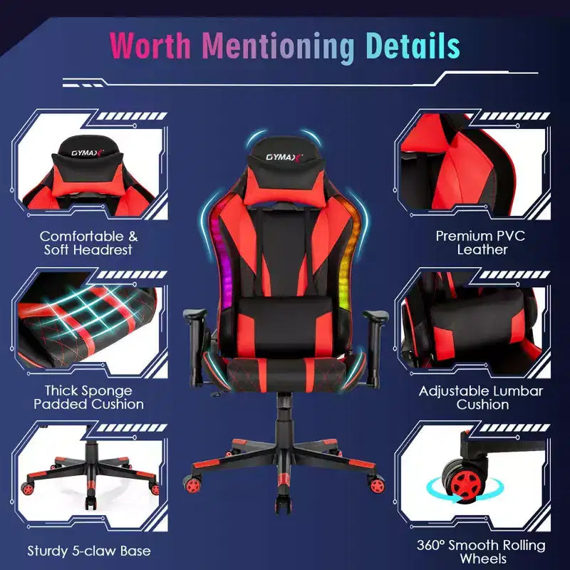 Chaise de jeu réglable pivotante pour ordinateur avec lumières LED dynamiques