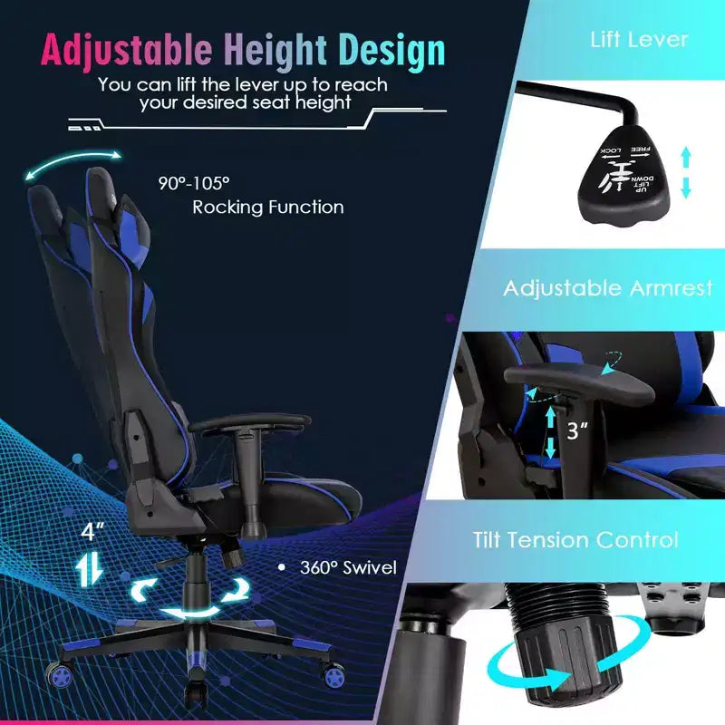 Chaise de jeu réglable pivotante pour ordinateur avec lumières LED dynamiques