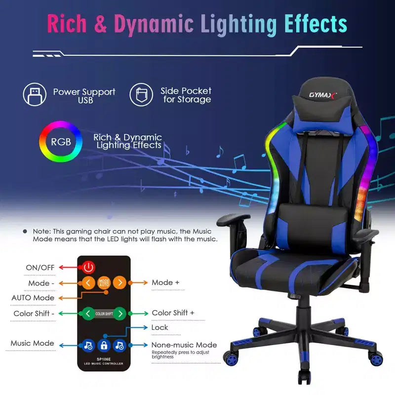 Chaise de jeu réglable pivotante pour ordinateur avec lumières LED dynamiques