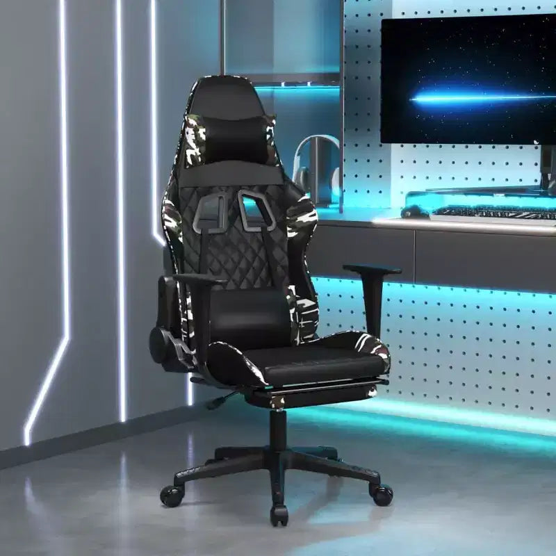 Chaise de jeu avec repose-pieds, noir et camouflage, similicuir