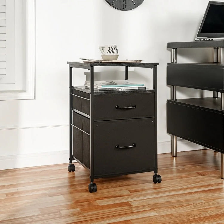 2 Drawer Mobile File Cabinet Rolling Printer Stand with Open Storage Shelf Fabric Vertical Filing Cabinet