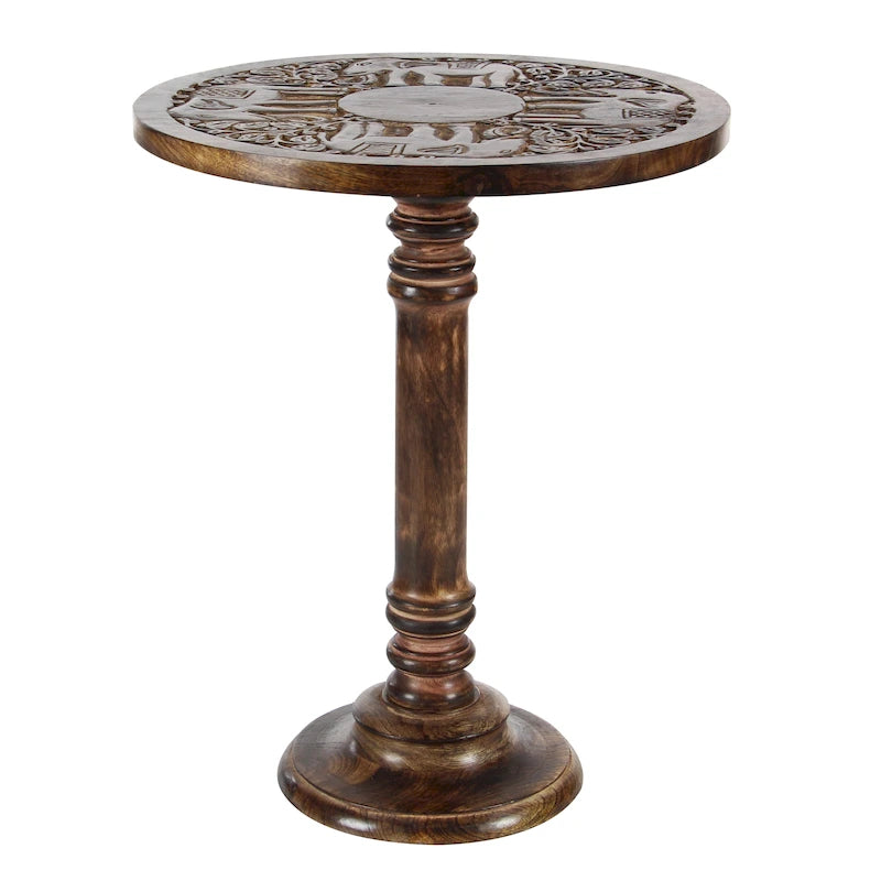 Table d'appoint en bois de manguier, sculptée à la main de motifs éléphant ou floral