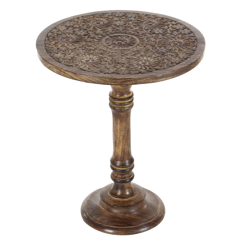 Table d'appoint en bois de manguier, sculptée à la main de motifs éléphant ou floral