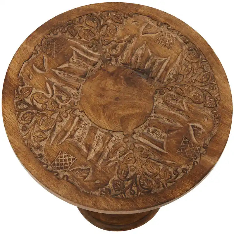 Table d'appoint en bois de manguier, sculptée à la main de motifs éléphant ou floral