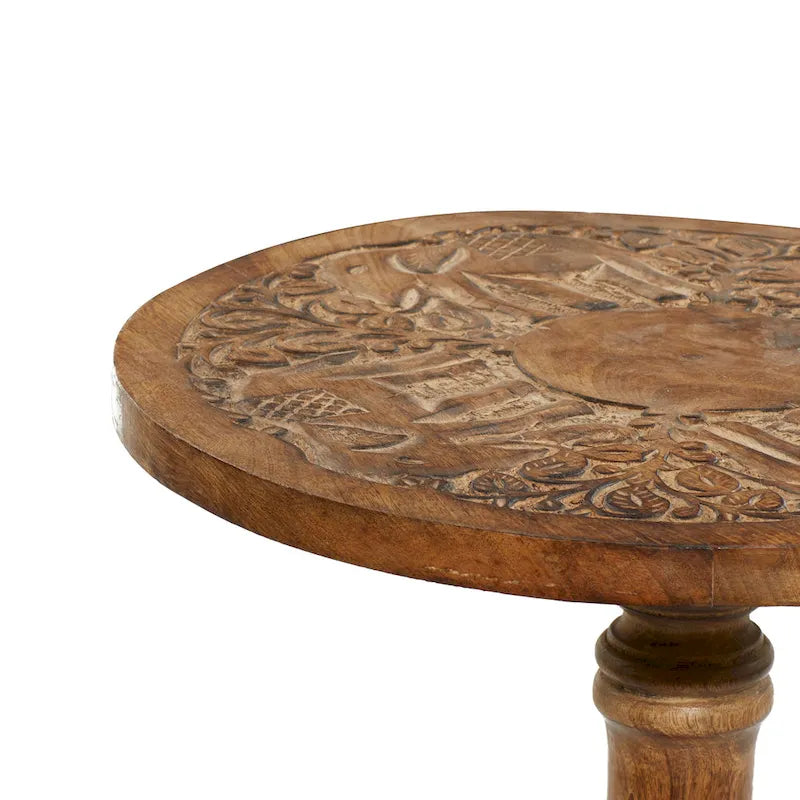 Table d'appoint en bois de manguier, sculptée à la main de motifs éléphant ou floral