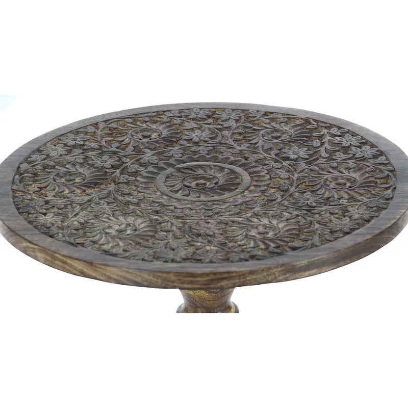 Table d'appoint en bois de manguier, sculptée à la main de motifs éléphant ou floral