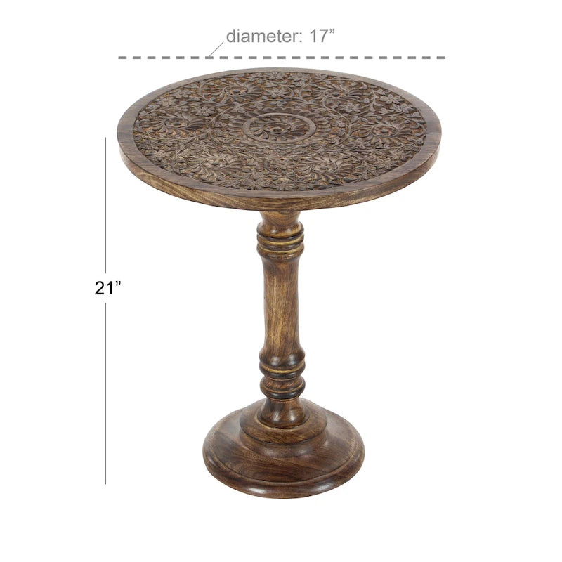 Table d'appoint en bois de manguier, sculptée à la main de motifs éléphant ou floral