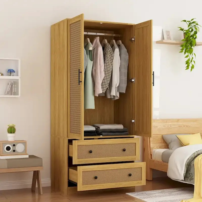 Armoire-penderie en bois avec tringle et tiroirs