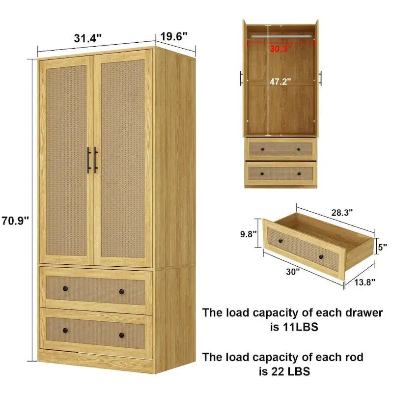 Armoire-penderie en bois avec tringle et tiroirs
